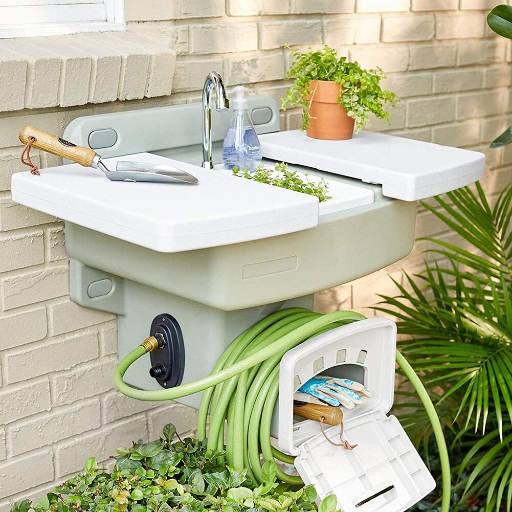 Modern Home Wall Mounted Outdoor Garden Sink wHose Holder